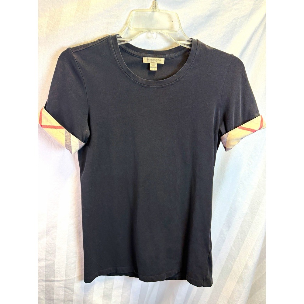 Burberry Brit Women's Small Black Crew Neck Short Sleeve Stretch Knit Tee Plaid